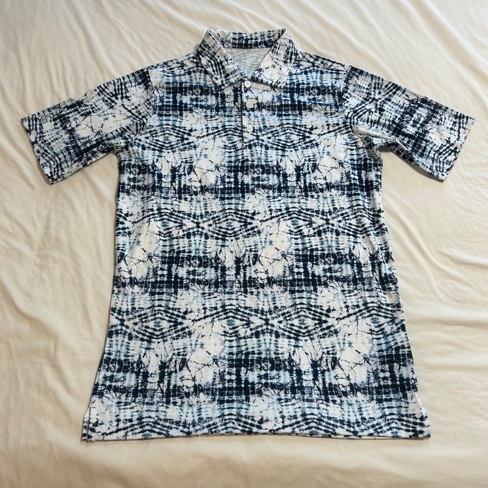 Antigua Mens Blue White Tie Dye Shibori Golf Polo Shirt Size Small Performance